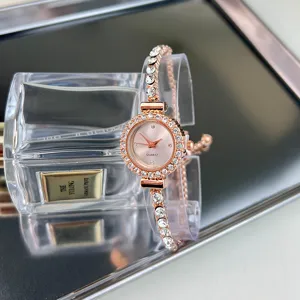 Elegante orologio da polso al quarzo in oro rosa con cinturino strass, stile vintage.