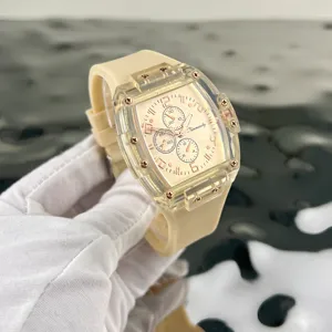 Orologio al Quarzo Tonneau Trasparente con Quadrante e Cinturino Beige per Moda Casual