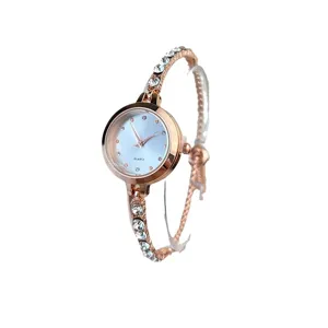 Rose gold rhinestone quartz watch for women, elegant adjustable bracelet design main view.
