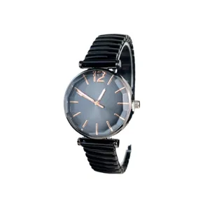 Reloj de cuarzo para mujer con correa elástica negra esfera de vidrio facetado diseño casual diario.