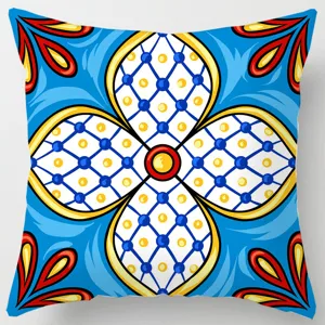 Decorative throw pillow cover featuring a vibrant blue Mediterranean tile geometric pattern.