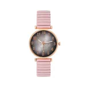 Modische Damen Quarzuhr mit rosa elastischem Armband, rundem Roségoldgehäuse und Zifferblatt.