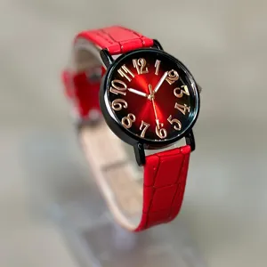 Reloj de cuarzo con esfera degradada roja caja negra y correa de cuero rojo para mujer