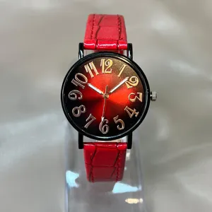 Reloj de cuarzo de moda para mujer con correa de cuero rojo y esfera degradada