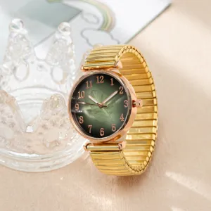 Modische Damen Quarzuhr mit goldenem Stretch Armband und gruenem Farbverlauf Zifferblatt.