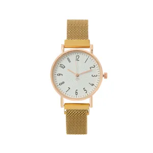 Elegante minimalistische Damen Quarz-Uhr mit goldenem Mesh-Armband und weißem Zifferblatt.