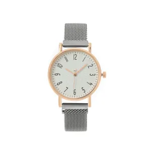 Minimalistische Damen Quarzarmbanduhr mit Roségold Gehäuse und grauem Mesh Armband.