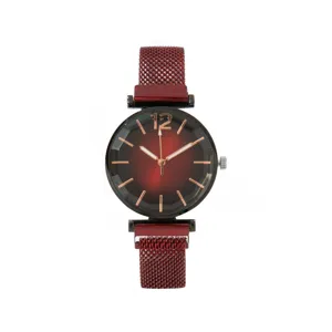 Orologio da donna al quarzo con cinturino in maglia rossa, quadrante sfumato e indici oro rosa.