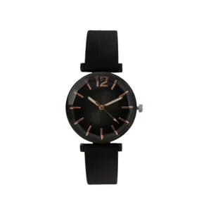 Reloj de mujer de silicona negra casual de cuarzo con esfera y bisel facetado elegante.