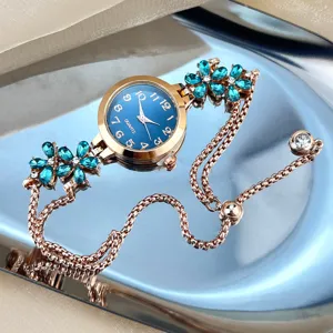 Fashion Alloy Rhinestone Flower Bracelet Watch For Women Luxury Minimalist Round Dial Adjust Slide Clasp Analog Quartz Wristwatch Elegant Party Jewelry Watch Gift