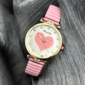 Modische Damen Quarz-Uhr mit rosa elastischem Band, Herz-Zifferblatt und Strass.