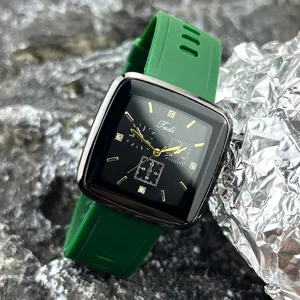 Elegante quadratische Quarzuhr mit grünem Silikonarmband und goldenen Zifferblattelementen.
