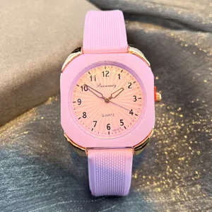 Süßwarenfarbene Silikonarmband quadratische Quarzuhr mit Metallkante und Zifferblatt für Damen.