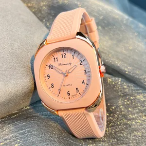 Rosa bonbonfarbene Silikon Quarz Armbanduhr mit Metalllünette und arabischen Ziffern
