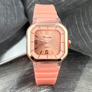 Reloj de cuarzo cuadrado para mujer con correa de silicona de color dulce y esfera clara.