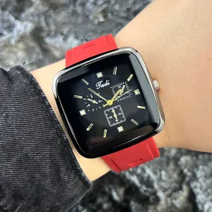 Quadratisches Zifferblatt Quarzuhr mit rotem Silikonarmband fuer Damen und Herren