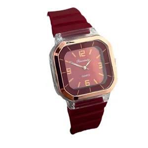 Reloj de cuarzo cuadrado para mujer, correa de silicona elegante con esfera roja y caja transparente.