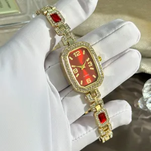 Elegant women's quartz watch featuring a red octagonal dial and sparkling crystal rhinestones.