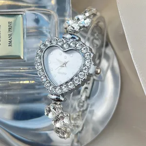 Women fashion heart shaped rhinestone quartz watch with crystal clover bracelet strap elegant jewelry