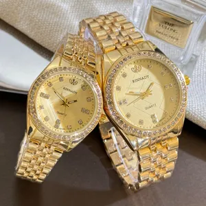 Goldenes Paar Quarzuhren Set mit Strass, Luxus Metall Armband Armbanduhren für Damen und Herren.