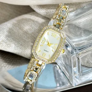 Women's rhinestone quartz watch, elegant oval dial design, sparkling crystal bracelet watch detail.