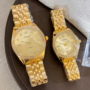 Luxus Gold Quarz Paare Uhr Set mit glitzernder Strass Lünette und Metallarmband.