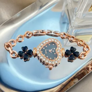 Women rose gold quartz watch heart dial black clover crystal bracelet fashion wrist watch