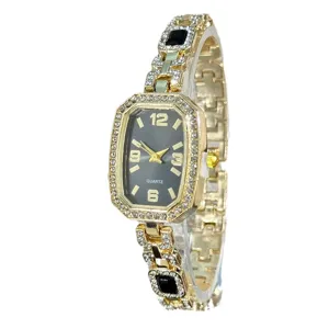 Women gold tone quartz watch with rhinestone bezel black dial elegant fashion bracelet