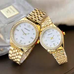 Luxus Gold Paare Quarz Uhrenset mit Strass Lünette und weißem Zifferblatt für Geschenk.