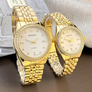 Luxus goldener Paar Quarz Uhren Set mit Strass Lünette weißem Zifferblatt Edelstahlarmband