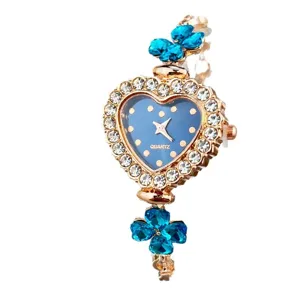 Women Heart Shaped Quartz Watch Rhinestone Blue Crystal Clover Bracelet Fashion Wristwatch