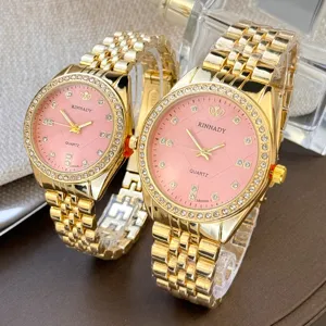 Exklusive Paar Quarzuhr Set in Gold Edelstahl mit rosa Zifferblatt und Strass Luxus Armband
