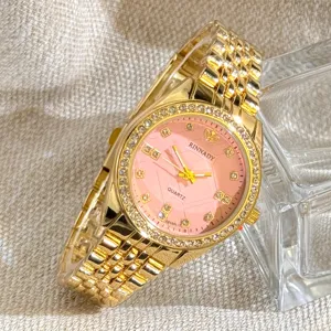 Goldene Damen Quarz Armbanduhr mit rosafarbenem Zifferblatt Strass Lünette Metallarmband
