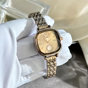 Luxury rose gold square quartz watch for women with rhinestone dial and metal bracelet strap.