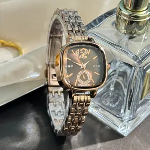 Luxury square quartz watch for women with faceted glass and stylish metal strap elegance.