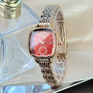 Women square quartz watch with facet glass red dial and rose gold metal bracelet