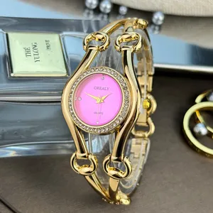 Luxus Damen Quarzuhr goldfarbenes Metallarmband rosa Zifferblatt elegante Modeuhr