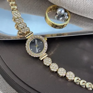 Detailed view of the elegant women rhinestone quartz watch with sparkling crystal bracelet strap design.