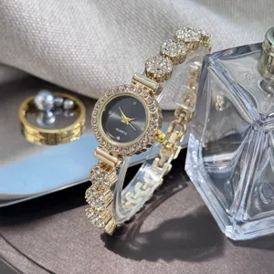 Elegant rhinestone quartz watch detail, sparkling crystal bracelet strap with black dial.