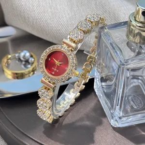 Elegant women's rhinestone quartz watch with red dial, delicate bracelet strap design.