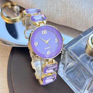 Modieus paars kristal quartz horloge voor dames, elegant snoepkleurig armband horloge.