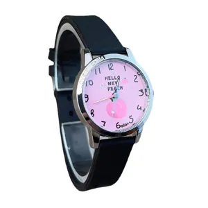 Kinder Cartoon Pfirsich Silikon Quarz Uhr mit schwarzem Armband und rosa Zifferblatt fur Kinder.