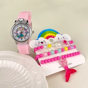 Orologio al Quarzo con Cartoni Animati per Bambini E Bracciale Sirena Combinazione Orologio Analogico Cassa Lega Cinturino Silicone Regalo