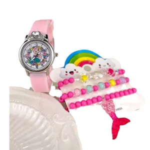 Simpatico orologio al quarzo per bambini e set braccialetto sirena con cinturino rosa