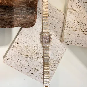 Women square quartz watch, rose gold tone, fully paved rhinestone crystal dial and strap.