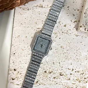 Women square full diamond quartz watch stylish luxury wristwatch silver sparkling timepiece