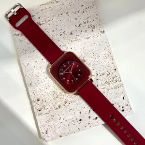 Women square quartz watch with red silicone strap simple stylish fashion analog wristwatch