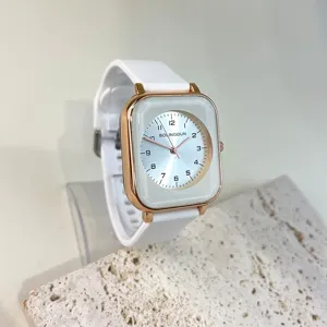 Women's square quartz watch with white silicone strap and clear digital dial for daily wear.