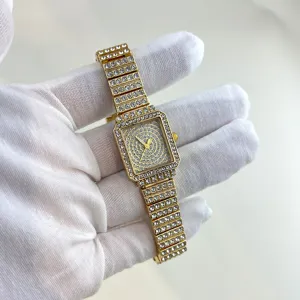 Women luxury rhinestone quartz watch, square gold dial with full crystal pave bracelet strap.
