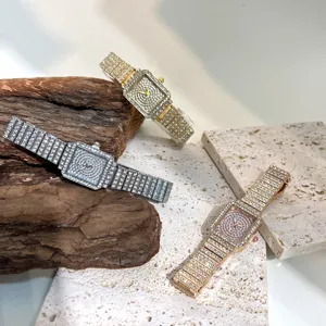 Women's full diamond square quartz watch detail view, elegant iced out design in gold silver rose.